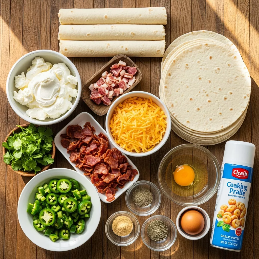 Ingredients for Fiery Turkey bacon Jalapeño Popper Egg Rolls