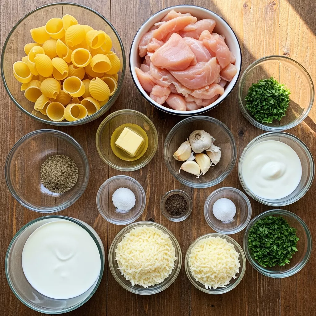 Ingredients for Creamy Garlic Butter Chicken Alfredo Stuffed Shells