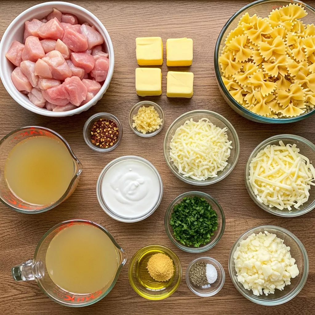 Ingredients for Cheesy Garlic Butter Chicken Bowties with Mozzarella Cream Sauce