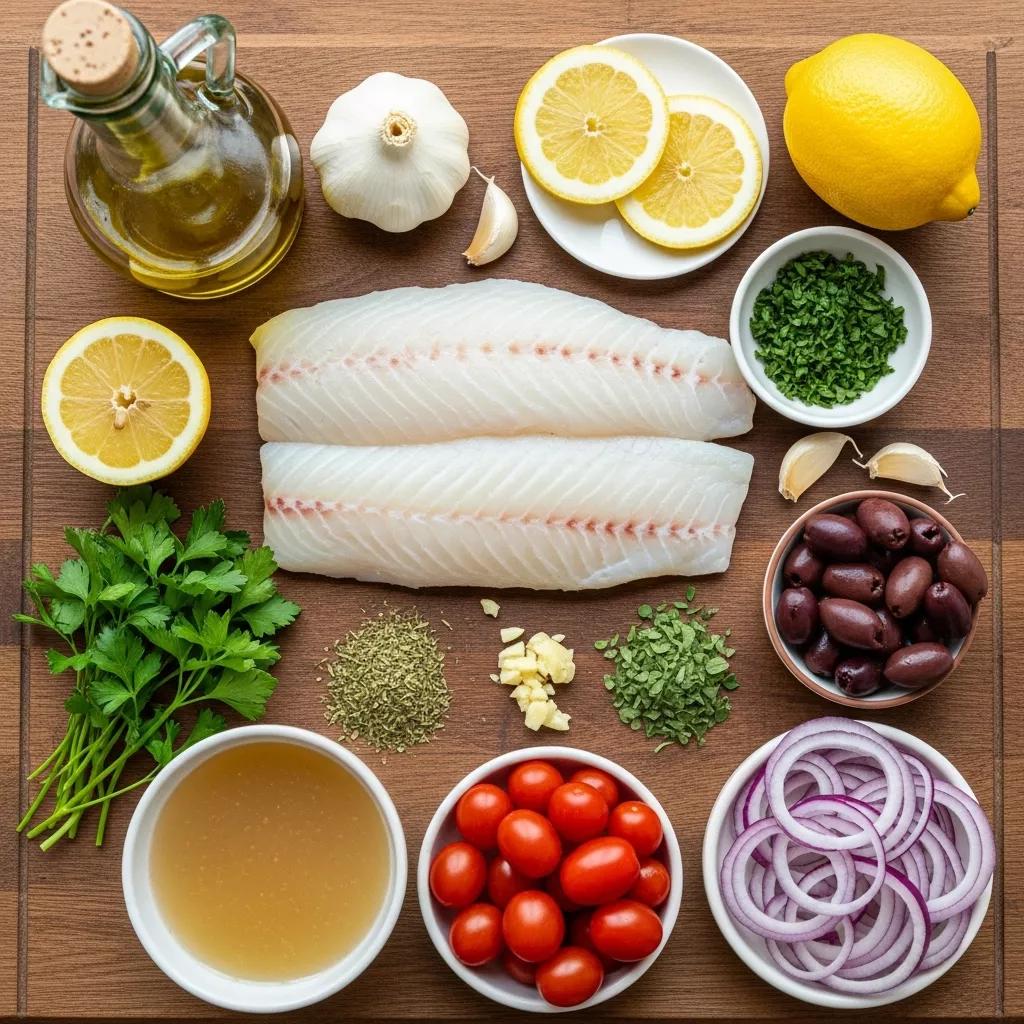 Ingredients for Flavorful Mediterranean Baked Fish with Lemon & Herbs