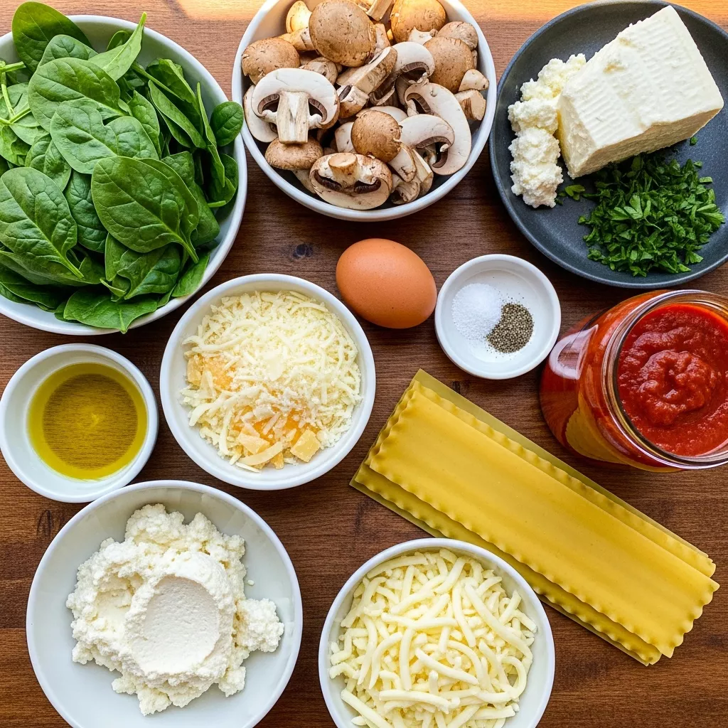 Ingredients for Creamy Mushroom Spinach Lasagna Rolls