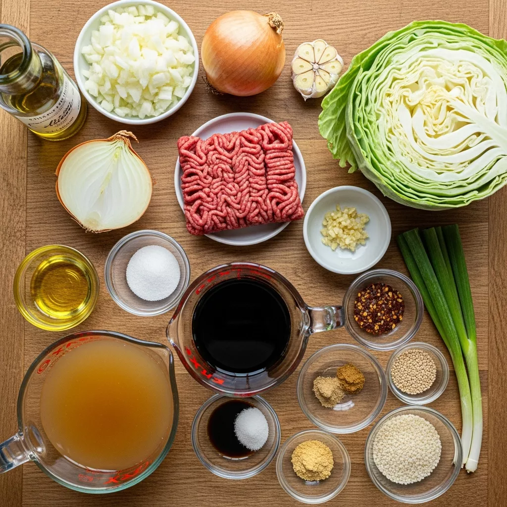 Ingredients for Savory Low-Carb Mongolian Ground Beef & Cabbage Skillet