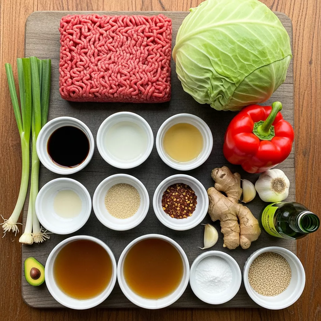 Ingredients for Speedy Low-Carb Mongolian Ground Beef & Cabbage Skillet