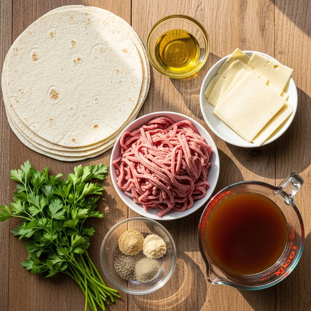 Ingredients for Easy French Dip Tortilla Roll Ups