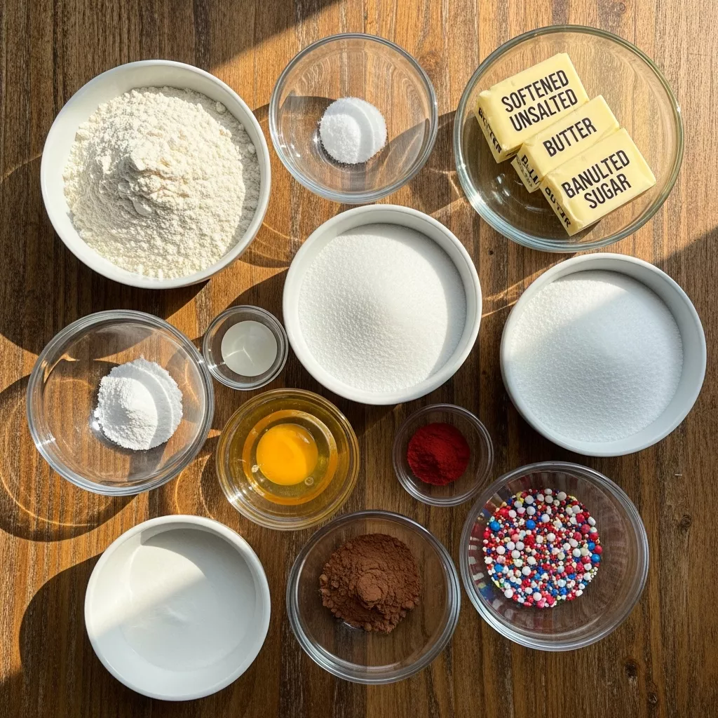 Ingredients for Festive 13-Minute Christmas Pink Velvet Cookies