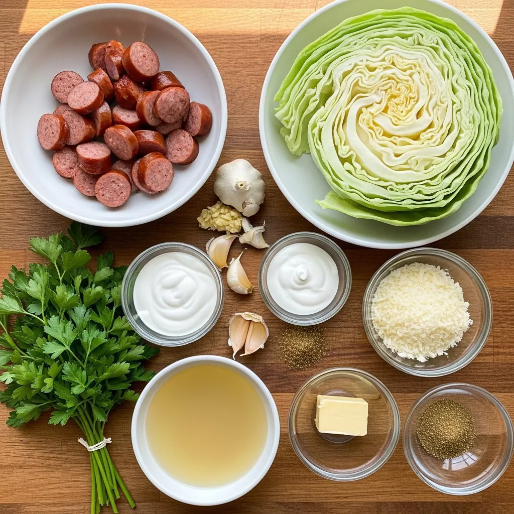 Ingredients for Creamy Keto Cajun Sausage Cabbage Alfredo