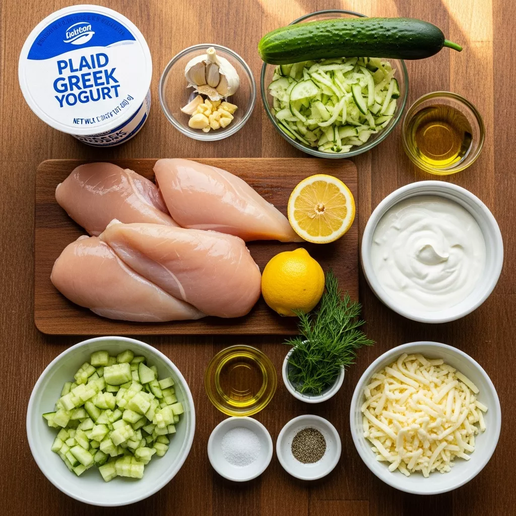 Ingredients for Creamy Dump-and-Bake Chicken Tzatziki Casserole
