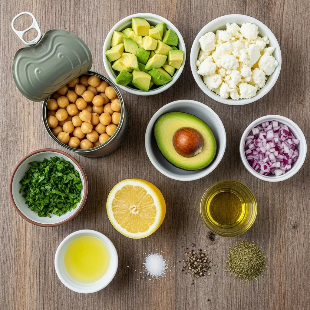 Ingredients for Creamy Chickpea Avocado Salad with Feta: A 15-Minute Power Lunch