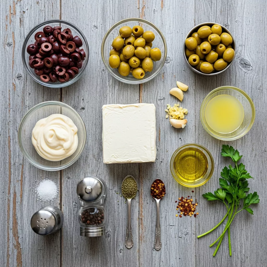 Ingredients for Zesty Olive Dream Dip: Ready in Minutes!