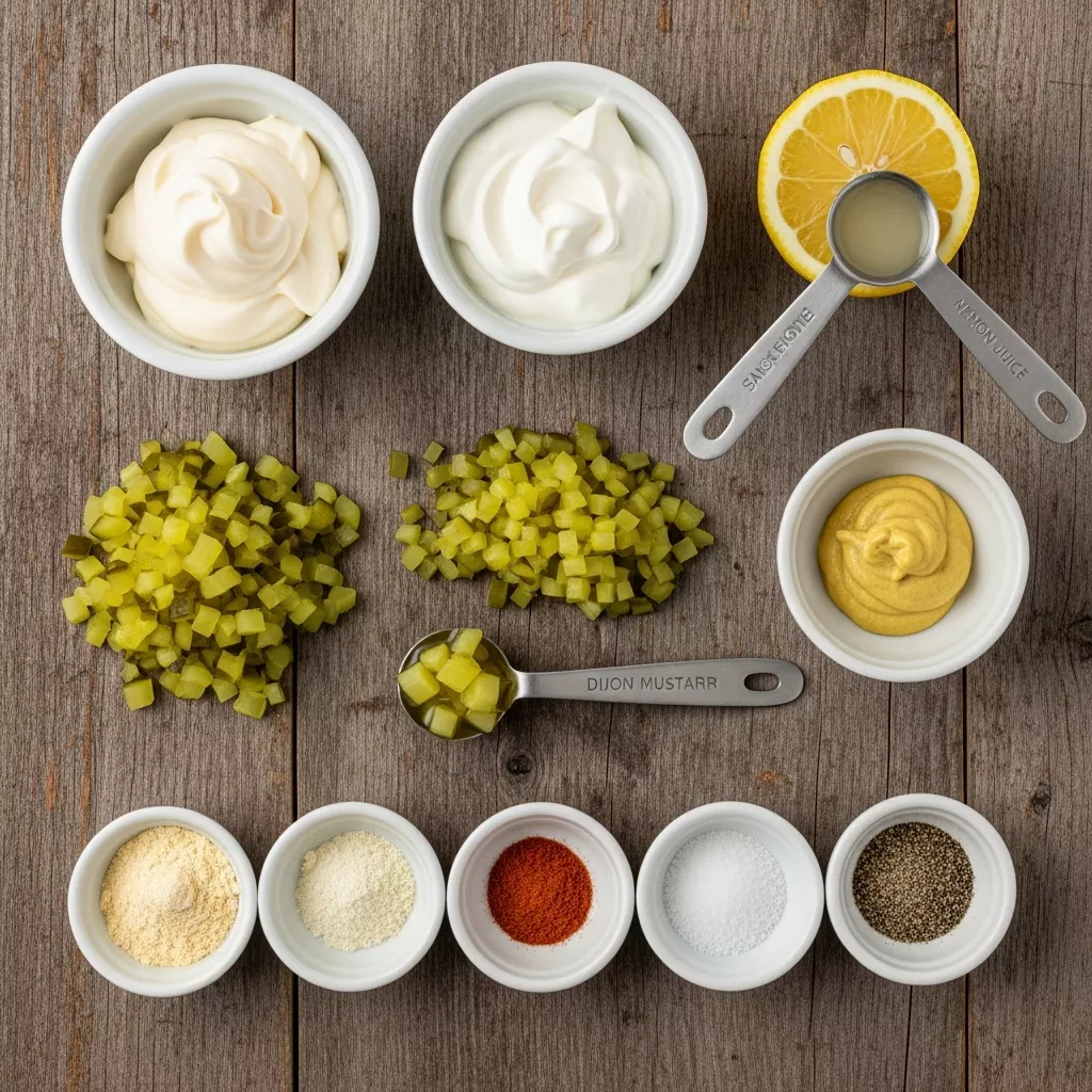 Ingredients for Zesty Dill Pickle Burger Sauce: Creamy, Tangy, and Bold!