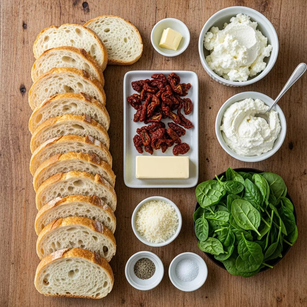 Ingredients for Gourmet Grilled Cheese: Sun-Dried Tomato, Spinach & Ricotta Bliss
