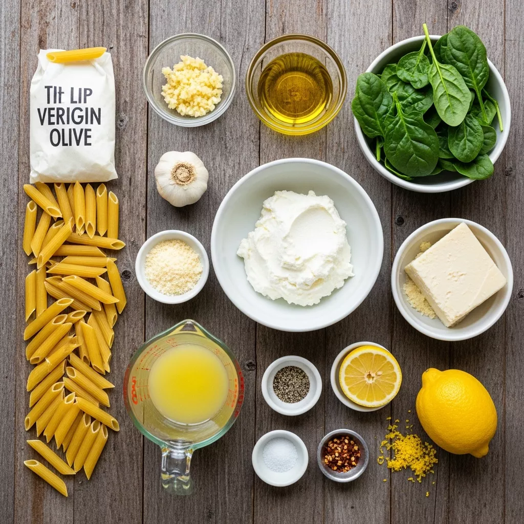 Ingredients for Creamy Lemon Ricotta Pasta with Spinach: A 30-Minute Delight