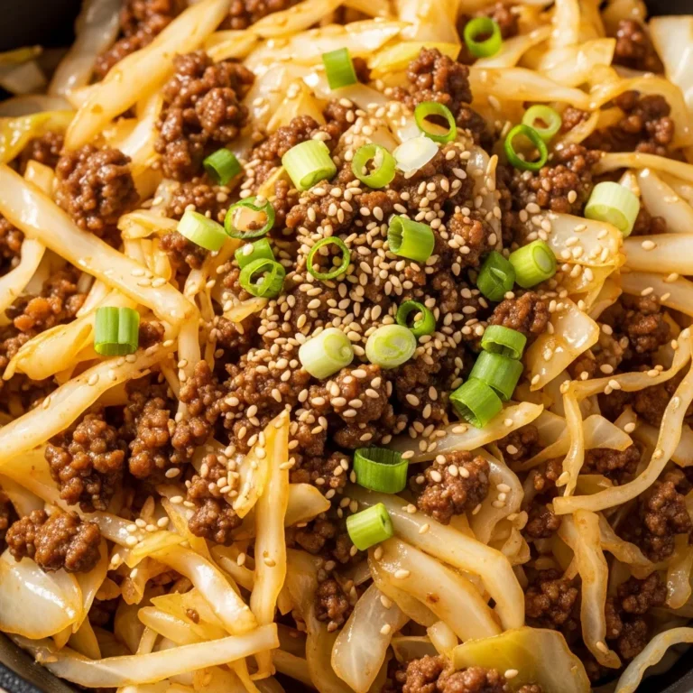 Recipe card for Savory Low-Carb Mongolian Ground Beef & Cabbage Skillet Perfect for anyone who loves low carb mongolian beef!