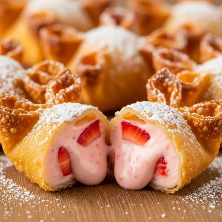 Stack of golden-brown deep-fried strawberry cheesecake wontons on a plate. Perfect for anyone who loves deep fried strawberry cheesecake wontons!