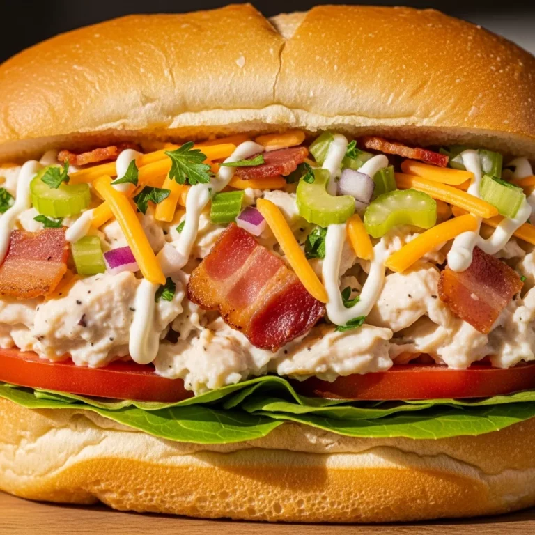 Ultimate Chopped Chicken Ranch Sandwich with crispy turkey bacon, lettuce, and tomato on a rustic wooden board