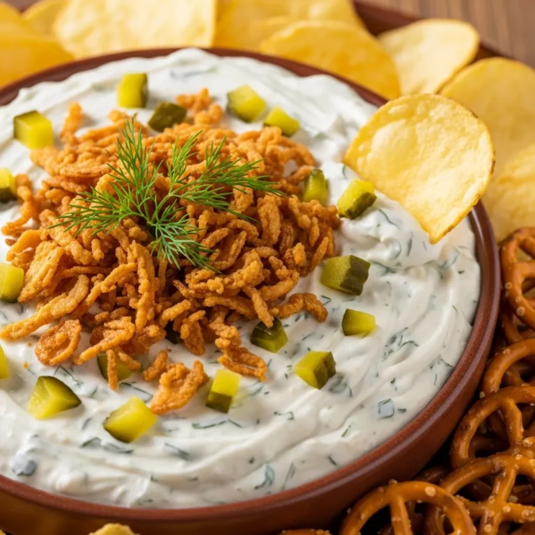 Creamy fried pickle dip in a serving bowl with dippers, ready to eat. Perfect for anyone who loves easy fried pickle dip!