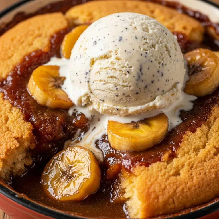 Slice of Bananas Foster Cobbler with a golden crust and saucy banana filling, ready to be served. Perfect for anyone who loves warm bananas foster cobbler!
