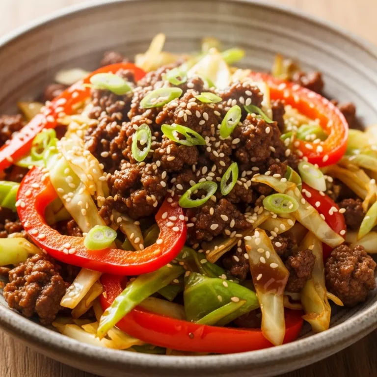 Full serving of Speedy Low-Carb Mongolian Ground Beef & Cabbage Skillet in a bowl on a wooden table